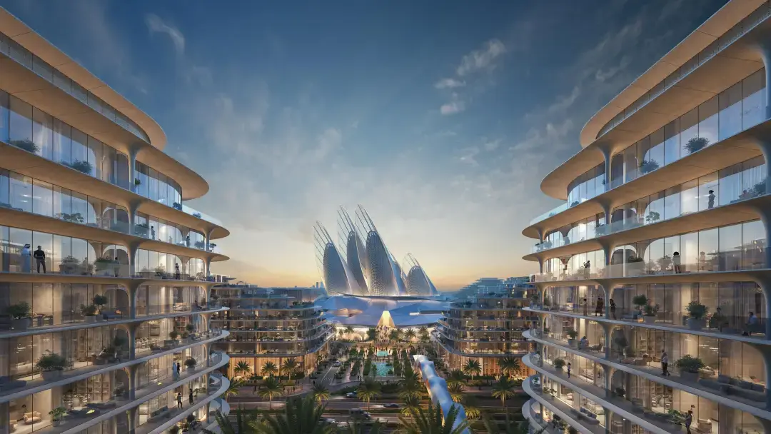 Waterfront luxury residences at Saadiyat Properties overlooking the Arabian Gulf with cultural district skyline.